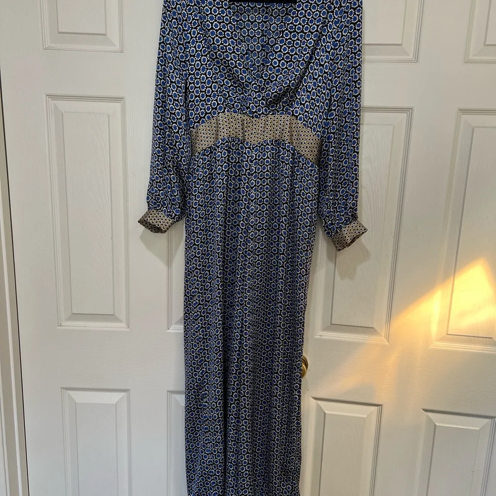 ZARA GEOMETRIC PRINT  Long Sleeves V Neck Open Back Scarf JUMPSUIT Lightweight M - Picture 7 of 11